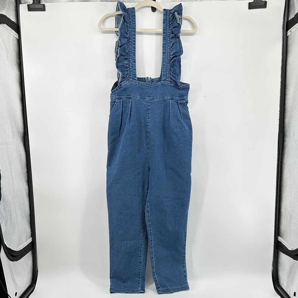 Cottagecore Boho Resort Wear Glam Romantic Ruffled Blue Denim Jumpsuit SzL